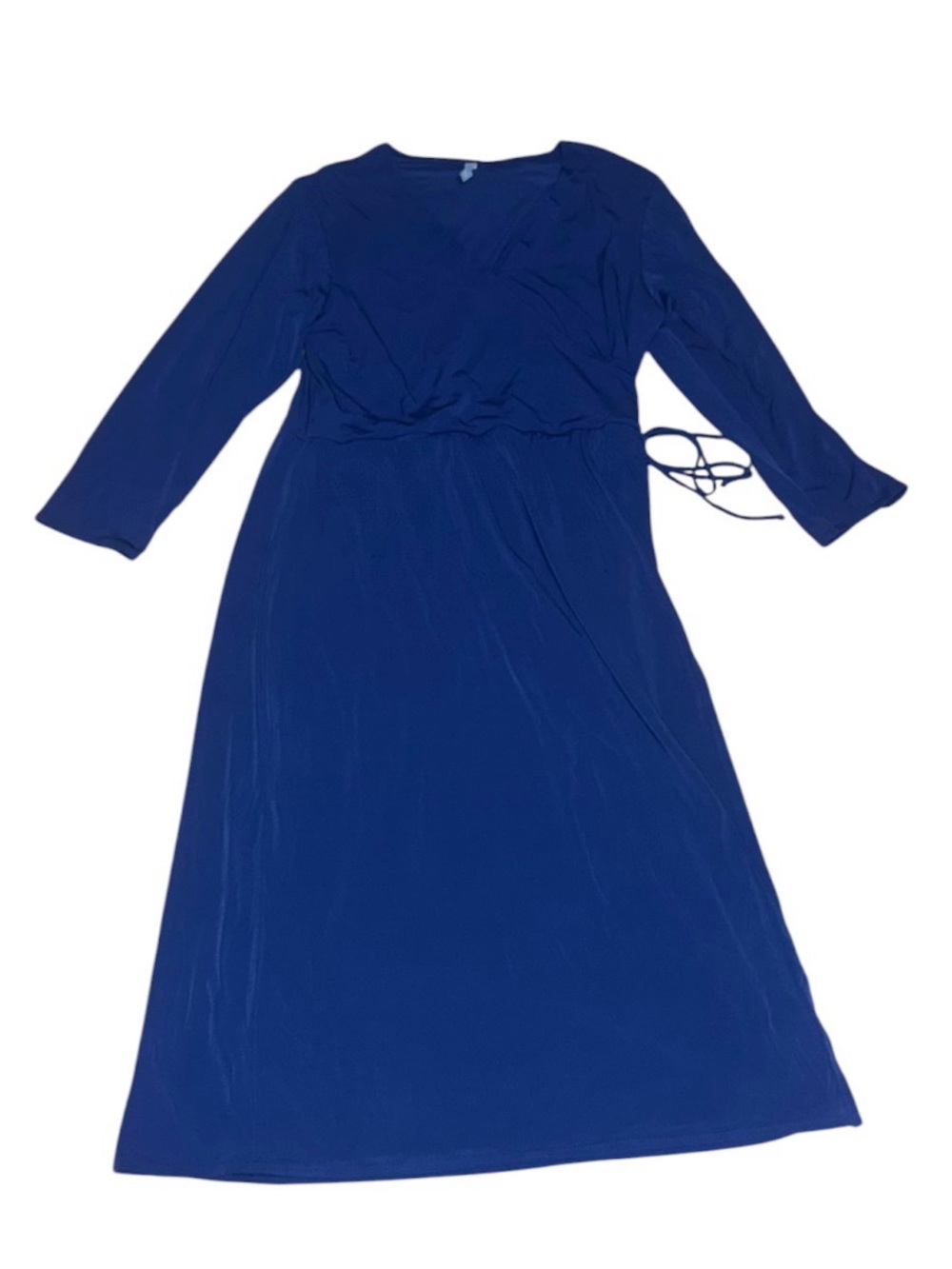 Women’s 3/4 Length Sleeve V-Neck Faux Wrap Midi Blue Dress with Shapewear